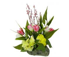 Gesteck/Arrangement aus Tulpen mit Vogel auf Kunst-Stein, Kunstblumen, Unechte Deko Blumen mit Blätter, Frühjahrsdekoration, Tischdeko, Künstliche Pflanze, Frühjahr, Ostern, Osterdeko, Floristik