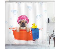 Ambesonne Hundeliebhaber-Duschvorhang, Hund mit Badewanne in einer Badewanne mit Gummienten-Motiv auf Bubbles-Hintergrund, Stoffstoff Badezimmer-Dekorationsset mit Haken, 213 cm extra lang, mehrfarbig