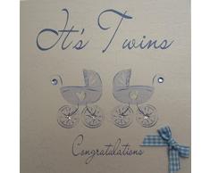 WHITE COTTON CARDS seine Twins Congratulations Karte, Babykarte, für Kinderwagen, Blau