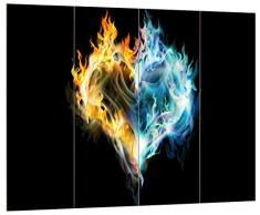 Pixxprint Wasser und Feuer Herz, MDF Bretterlook Format: 80x60cm, Wanddekoration Holzbild, Holz, bunt, 80 x 60 x 2 cm