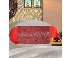Real Online Seller Indische Polydupion zylindrische Röhrenkissen Nackenrolle Kissenbezüge Rot Jacquard Brokat Bordüre Große Couch Runde Zylinder Kissenbezüge (2er Set)