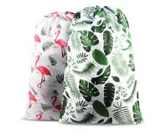 Nidoul 2er-Pack extra großer Wäschesack, Wash Me Heavy Duty Reise, Wäschesack, Kordelverschluss, schmutzige Kleidung, langlebige Rip-Stop-Tasche für Camping, Schlafsaal, maschinenwaschbar, 61 x 91,4 cm Flamingo+green Leaves