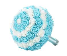 Bodarind Hochzeit Brautstrauß Rose Künstliche Blumen Brautjungfer Blumenstrauß mit Strass Weiche Bänder für Hochzeit, Kirche, Party und Heimdekoration hellblau