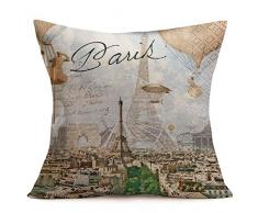 Fukeen Retro Baumwollleinen Überwurf-Kissenbezüge, Romantisches Thema, Heißluftballon, mit inspirierenden Zitaten für Zuhause, Sofa, Dekoration, quadratisch, 45,7 x 45,7 cm 18x18 Paris