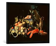 Gerahmtes Bild von Jan Davidsz. de Heem Stilleben mit Früchten und Hummer, Kunstdruck im hochwertigen handgefertigten Bilder-Rahmen, 70x50 cm, Schwarz matt