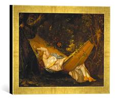 Gerahmtes Bild von Gustave Courbet Die Hängematte, Kunstdruck im hochwertigen handgefertigten Bilder-Rahmen, 40x30 cm, Gold Raya