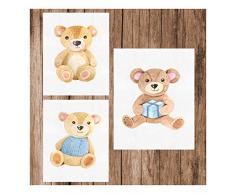 Simply Remarkable Wandbild für Kinderzimmer, Motiv: Teddybär, ungerahmt, 20,3 x 25,4 cm, 3 Stück 8 x 10 Inch blau