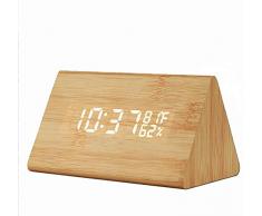 funwill Digitaler Wecker aus Holz, Zeit-LED-Display, 3 Helligkeit, Temperatur, Luftfeuchtigkeit, intelligente Sprachsteuerung, elektronische Uhr am Nachttisch braun