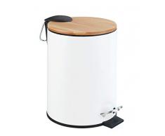 WENKO Kosmetik Treteimer Tortona 3 Liter, mit Deckel aus echtem Bambus, Badezimmer-Mülleimer mit Absenkautomatik, kleiner Abfalleimer, lackierter Stahl, 17 x 23,5 x 21 cm, Weiß matt