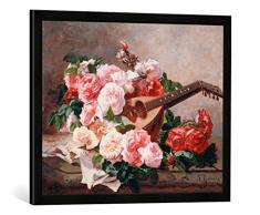 Gerahmtes Bild von Georges Jeannin Stilleben mit Rosen und Mandoline, Kunstdruck im hochwertigen handgefertigten Bilder-Rahmen, 70x50 cm, Schwarz matt