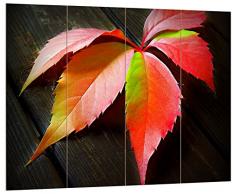 Pixxprint HBVs_1682_80x60 buntes Laubblatt auf Holztisch MDF-Holzbild im Bretterlook Wanddekoration, bunt, 80 x 60 x 2 cm