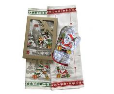 Taste of Polen, polnischer Weihnachtsmann & Schneemann Geschenkset mit 2 Küchentüchern und 1 Ofenhandschuh in Box grau