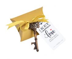 Aokbean 50pcs Hochzeit Favor Souvenir Set Kissen Candy Box Vintage Skelett Schlüssel Flaschenöffner Escort Geschenkkarte und Französische Schleife Antikes Kupfer #3