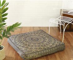 Populäre Handwerk Großer Hippie Elefant Mandala Bodenkissenbezug – Kissenbezug – Pouf Überzug rund Bohemian Yoga Decor Bodenkissenhülle 35x 35 Pillow Cover schwarz/goldfarben