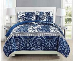 Linen Plus Tagesdecke, gesteppt, Übergröße, Blumenmuster, Marineblau/Weiß Twin/Twin XL Quilt