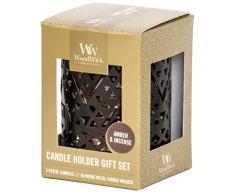 Woodwick Petite Kerze und Halter, Geschenkset, Duftvariation (ColorName) Modern Small Bernstein und Räucherstäbchen