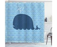 Wal Decor Vorhang für die Dusche von ambesonne, Little Whale Water On Top mit Art Deco gewellt wie gemustert Hintergrund für Kinder Zimmer, Stoff Badezimmer Decor Set mit Haken, 190,5 cm lang, blau