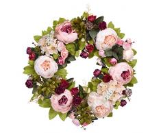 Sunm boutique Künstlicher Pfingstrosen-Kranz, 38,1 cm, Seide, Pfingstrose, Blumenkranz mit grünen Blättern, Vintage-Blütenkranz für Haustür, Hochzeit, Wanddekoration Blooming Peonie Wreath