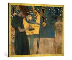 Gerahmtes Bild von Gustav Klimt Die Musik, Kunstdruck im hochwertigen handgefertigten Bilder-Rahmen, 100x70 cm, Gold Raya