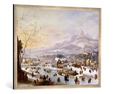 Gerahmtes Bild von Robert Griffier Große winterliche Flußlandschaft an Einer Stadt vor dem Gebirge, Kunstdruck im hochwertigen handgefertigten Bilder-Rahmen, 100x70 cm, Silber Raya