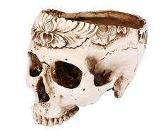 THEE Skelett-Schädel, geschnitzt, Kunstharz, Blumentopf, Gartendekoration, Aschenbecher, Halloween-Ornament Totenkopf