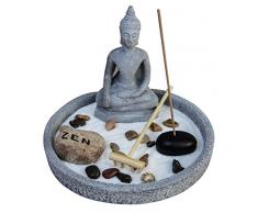 Royal Brands Zen Garten Deluxe Schreibtisch Meditation Garten Grau Meditierender Buddha Statue, Felsen, Sand, Rechen, Räucherstäbchen und Räucherstäbchenhalter.
