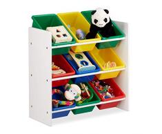 Relaxdays Kinderregal mit Regalboxen, Aufbewahrungsregal, buntes Spielzeugregal, MDF+Kunststoff, HxBxT 68x65x31cm, M