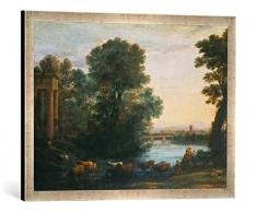 Gerahmtes Bild von Claude Lorrain Idyllische Landschaft bei untergehender Sonne, Kunstdruck im hochwertigen handgefertigten Bilder-Rahmen, 70x50 cm, Silber Raya