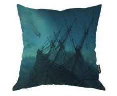Moslion Ocean Kissen Curious Delfine Approach The Wrack of a Sunken Schiff Untersee Maritim Wasser Blau Kissenbezug 40,6 x 40,6 cm Baumwolle Leinen Quadrat Kissenbezug Dekorative Bezug für Sofa Bett 18x18 Inch A433-1