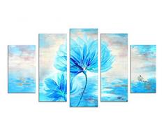 HLJ Kunst Handgefertigt 5 Elementen Baby Blau Blumen Wand Kunst Ölgemälde Abstrakt Modernen Leinwand Dekor für Wohnzimmer Schlafzimmer Badezimmer Büro