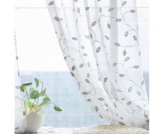 VEEYOO Vorhang mit Ösen für Schlafzimmer, Wohnzimmer, Kinderzimmer und mehr, 2-teilig, halbtransparent, einfarbig, Weiß Casual 52 W x 95 L Graue Weinblätter
