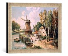 Gerahmtes Bild von AKG Anonymous Landschaft mit Windmühle/Gemälde, Kunstdruck im hochwertigen handgefertigten Bilder-Rahmen, 40x30 cm, Silber Raya