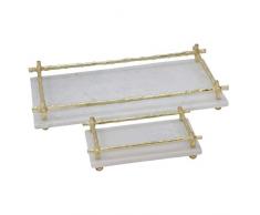 Benjara Tablett aus Marmor, rechteckig, mit Metallgriff, Weiß/Gold, 2 Stück