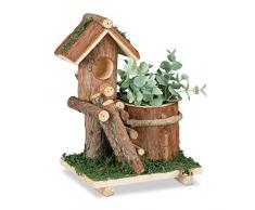Relaxdays Holz Blumentopf, mit Deko Vogelhaus & Moos, Baumstamm Übertopf, rustikale Dekoration, innen & außen, braun, 1 Stück