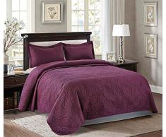 maiija 3 Stück geprägtes Blumenmuster Übergroße Tagesdecke Decke (King/Queen), Polyester-Mischgewebe, violett, Queen