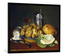 Gerahmtes Bild von Monogrammist L.S Stilleben mit Pellkartoffeln, Kunstdruck im hochwertigen handgefertigten Bilder-Rahmen, 100x70 cm, Schwarz matt