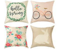 Juvale Oster-Kissenbezüge – 4er-Pack Bunte dekorative Couch-Kissenbezüge, Frühlingsblumen, Fahrrad, Kaninchen, Hello Frühling, Landhaus-Stil, Heimdekoration, Kissenbezüge, passend für 17 x 17 Kissen