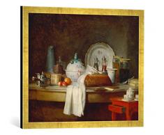 Gerahmtes Bild von Jean-Baptiste Simeon Chardin Stilleben mit Küchen-Utensilien, Kunstdruck im hochwertigen handgefertigten Bilder-Rahmen, 70x50 cm, Gold Raya