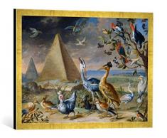 Gerahmtes Bild von Jan Van Kessel Die Vier Erdteile. Detail aus der Tafel Asien: Pyramide, Kunstdruck im hochwertigen handgefertigten Bilder-Rahmen, 70x50 cm, Gold Raya