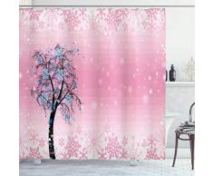 Licht Rosa Vorhang für die Dusche von ambesonne, Weihnachten Schneeflocken Baum mit Blue Leaves Winter Fröhliche Noel Art Bild, Stoff Badezimmer Decor Set mit Haken, Baby Pink Schwarz, Textil, Multi 1, 69W x 70L