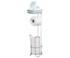 iDesign Klopapierhalter mit Ablage, schmaler Toilettenpapierhalter stehend aus Metall, freistehender Toilettenpapierständer für insgesamt 3 Rollen, silberfarben