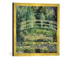 Gerahmtes Bild von Claude Monet Brücke in Monets Garten mit weißen Seerosen, Kunstdruck im hochwertigen handgefertigten Bilder-Rahmen, 50x50 cm, Gold Raya