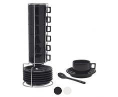 Houseables Espressotasse und Untertasse, stapelbar, mit Metallständer, 6 Paar, ca. 75 ml, Porzellan, Teetassen, türkischer Kaffeetasse, Organizer, Geschirrkorb, spülmaschinenfest schwarz
