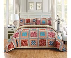 K&M MK Hause über Größe Set Decke Tagesdecke Gesteppt Patchwork Floral Squares Beige Taupe Rot Blau Neu # Bailey King/California King Beige