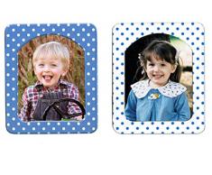 Magnet-Bilderrahmen für den Schreibtisch, mit weißen Punkten, selbststehend, Größe 3 12,7 x 20,3 x 10,2 cm, für zugeschnittene Fotos à 3 x 12,7 oder 10 x 15 cm, inkl. blendfreier Foto-Schutzfolie, 2 Stück blau / weiß