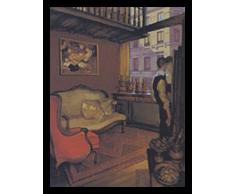 Buyartforless Juarez Machado, Gerahmtes Poster mit rotem Sessel, 19 x 25 cm, abstraktes Figuratives Gemälde, Mann geheimnisvoll mit Frau in Studio-Wohnung, Braun