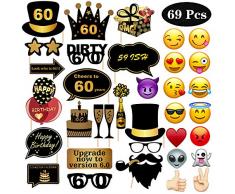 CLOSEUS 67pcs Foto Stand Requisiten Geburtstag Set für Jahrestag Feier Motto Selfie Cocktail Party Zuhause Wein Champagner Krawatte Hut Bartmaske Brille Aufkleber Zubehör Dress Up Fotografie Zubehör 60th Birthday
