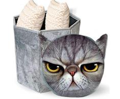 Aufbewahrungsbehälter mit Katzenbezug - zusammenklappbar, achteckig, dekorative Aufbewahrungsbox mit gepolstertem Deckel für Katzengesicht, perfekt für die Organisation von Spielzeug, Büchern, Schuhen, Decken, Grau Kunstfell mit Deckel