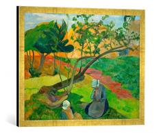 Gerahmtes Bild von Paul Gauguin Landschaft mit Zwei bretonischen Frauen, Kunstdruck im hochwertigen handgefertigten Bilder-Rahmen, 70x50 cm, Gold Raya