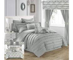 Chic Home Hailee 24-teiliges Schmusetuch Set Komplettbett in Einer Tasche Plissee Rüschen und wendbarer Druck mit Bettlaken-Set & Fensterbehandlung, King-Size-Bett, silberfarben